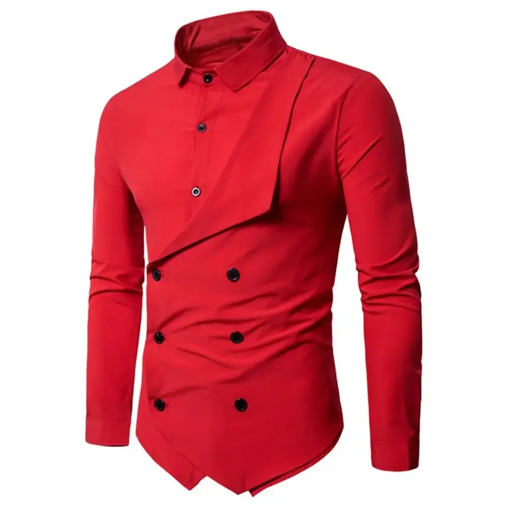 

Autumn Winter Solid Color Chef Shirt Men Double Breasted Lapel Fake Two Pieces Design Slim Fit Work Shirt Workwear