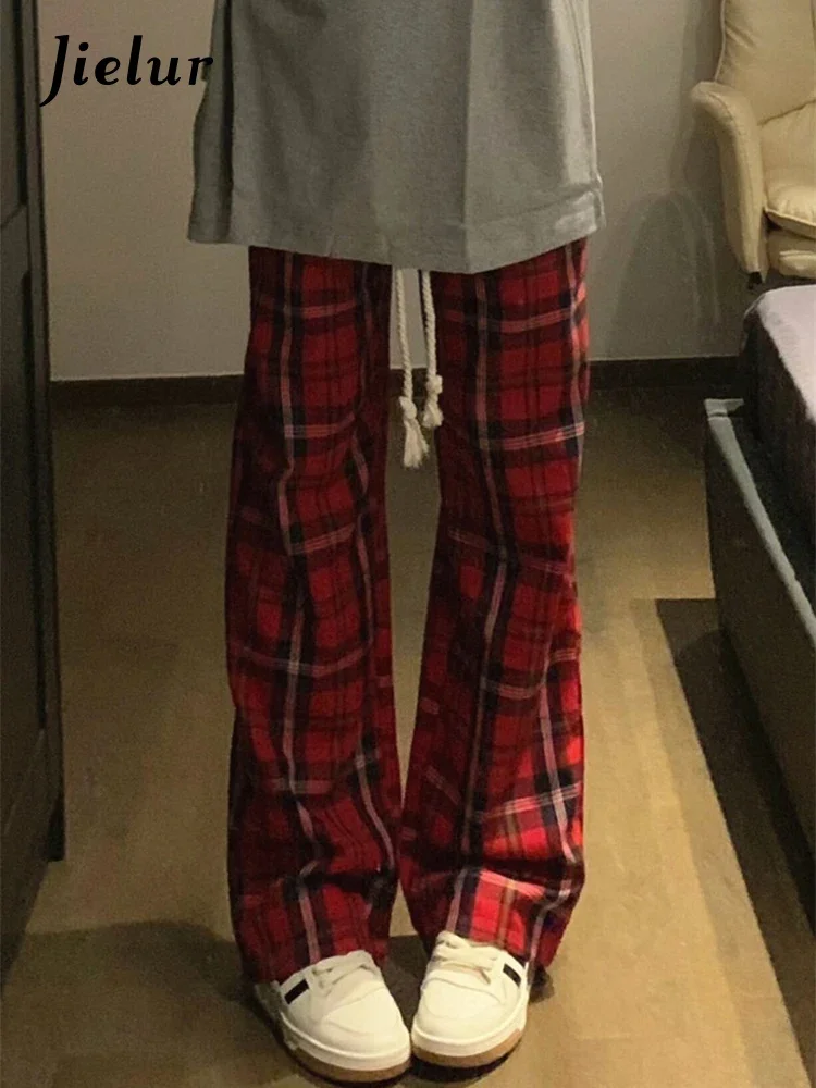 Jielur Red Plaid Casual Straight Female Pants Loose Fashion Streetwear New American Style Vintage Slim Women's Wide Leg Pants