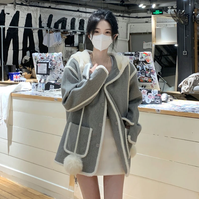 

Winter French Vintage Warm Coat Women Pocket Chic Elegant OverCoat Female Korean Fashion Designer Casual Retro Jacket Cute New
