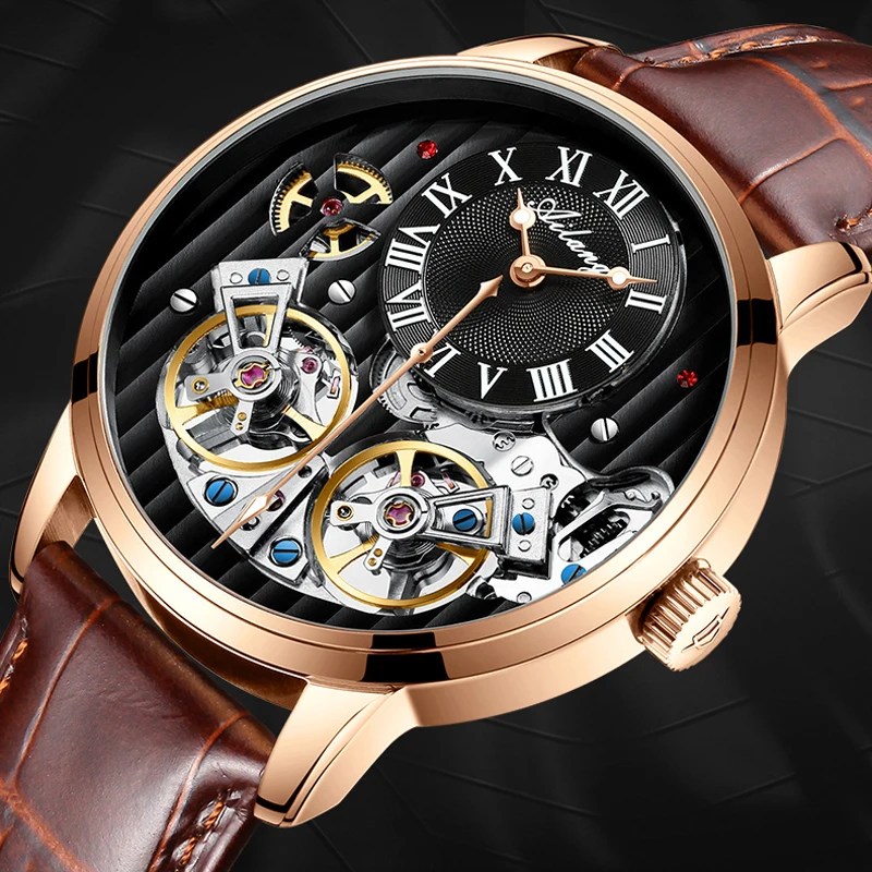 AILANG men watches double Flywheel Hollow skeleton Automatic MAN