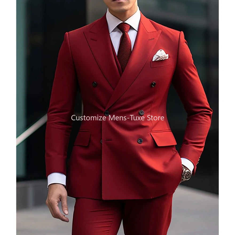 

Double Breasted Red Peak Lapel Regular Length Formal 2 Piece Jacket Pants Evening Party Outfits Elegant Full Set Tenro Masculino