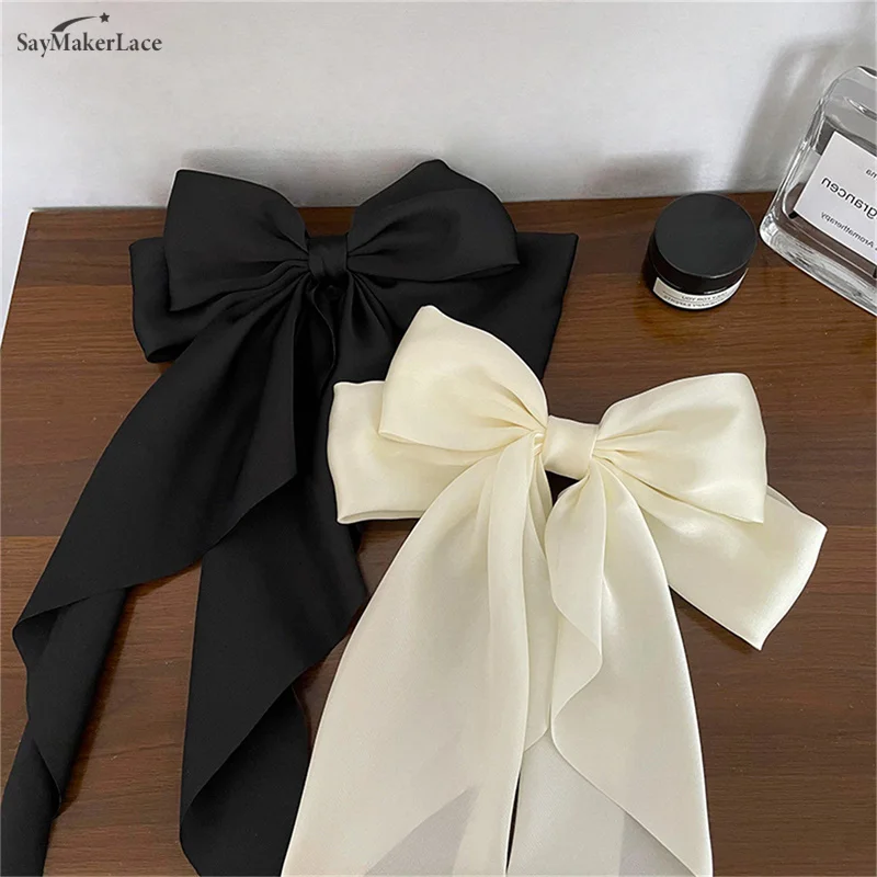 

Solid Bow Ribbon Hair Clip Fashion Simple Satin Spring Clip Hair Pin Retro Headband With Clips Girls Hair Accessories
