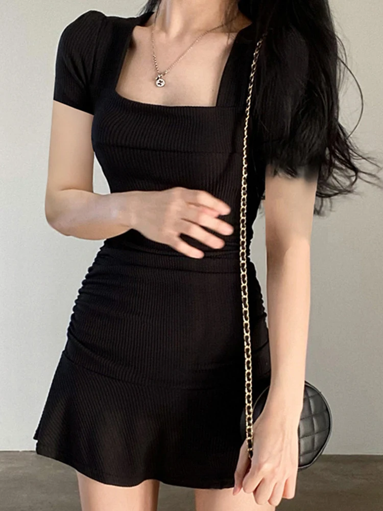 

Короткое платье Y2k, женское летнее платье с коротким рукавом, женское модное корейское черное платье с оборками, женское облегающее платье с квадратным вырезом, платья