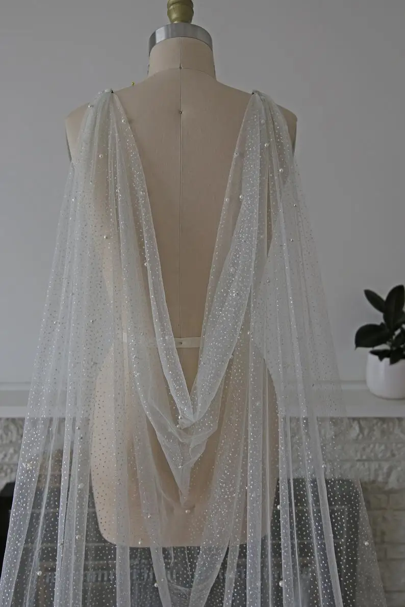 Wedding Shawl Lace Bolero Jacket Pearl Bridal Bolero Glitter Pearl Cape Veil Sparkle Wedding Cape Custom Made