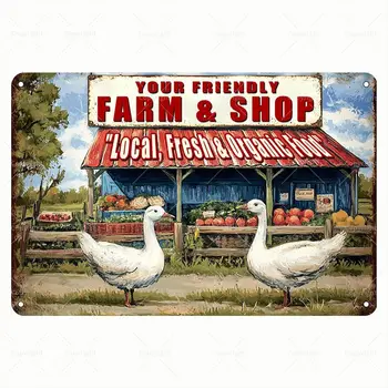 1p,Vintage Tin Sign - ;Your Friendly Farm ; Shop; Local Fresh ; Organic Food with Geese and Produce Retro Metal Sign - Inspirati