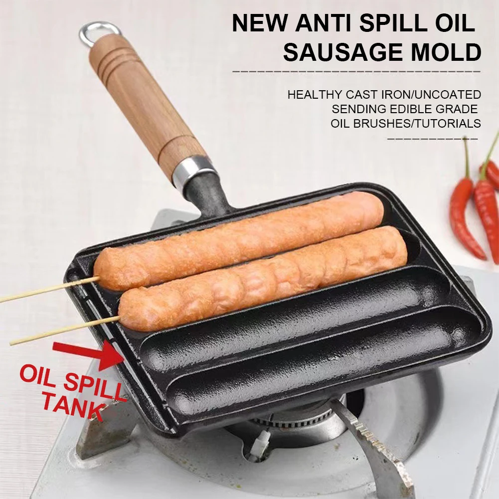 Cast Iron Home Pre Seasoned Grilled Sausage Pot Easy Clean Square Homemade Hot Dog Mold Sausage Pan for Grilled Cooking