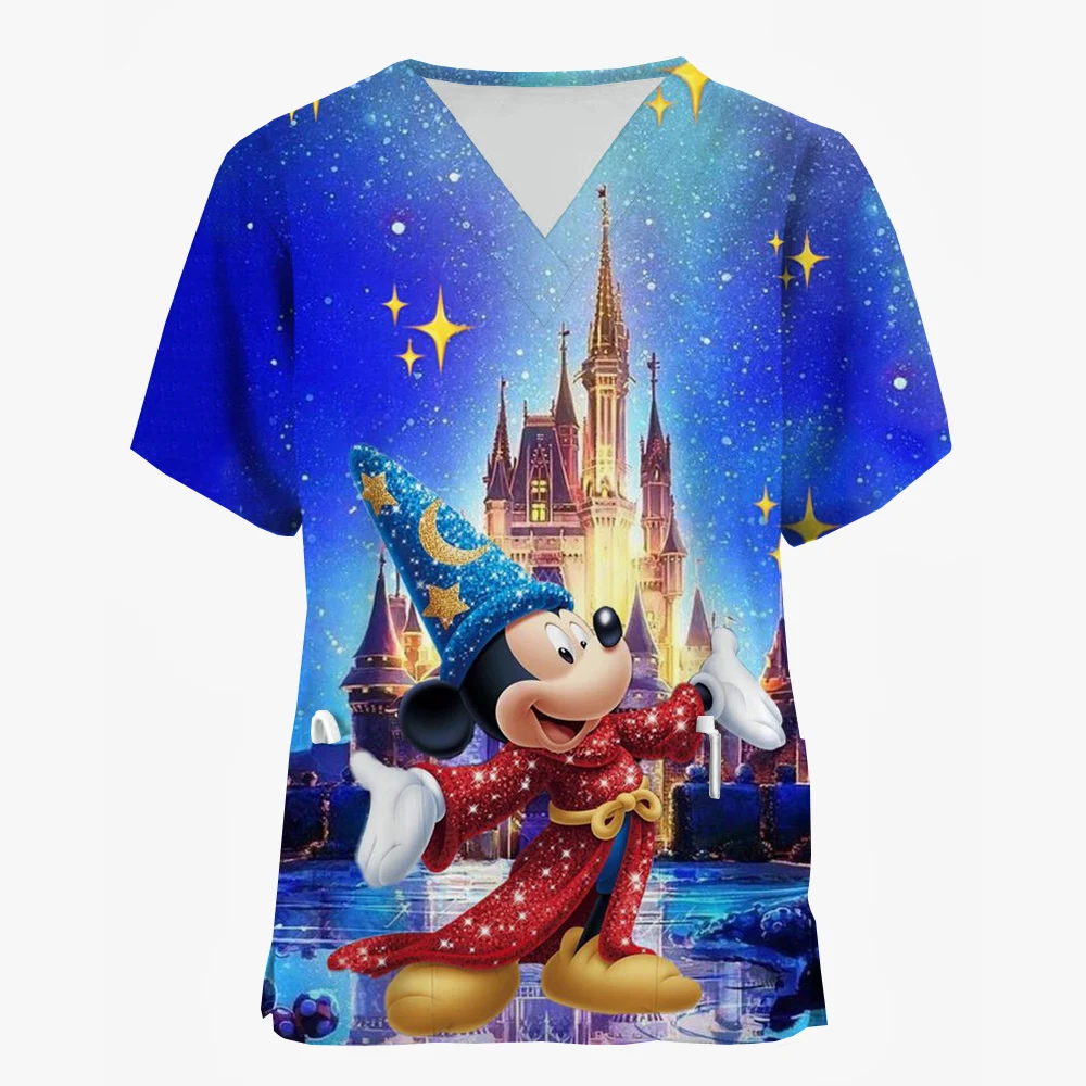 Women Care Nurse Uniform T-Shirt Disney Mickey Mouse Minnie print Christmas Printed Short Sleeve Holiday Pattern Workwear Blous