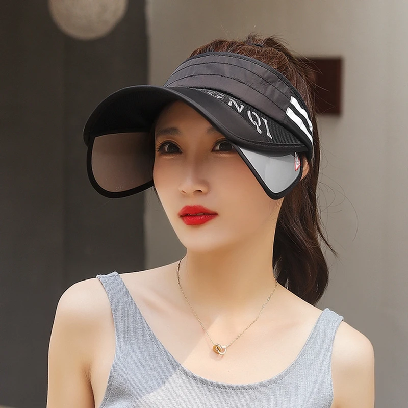 

2022 New Women Summer Retractable Wide Brim Sun Hat Empty Top Bowknot Cycling Letters Print UV Protection Baseball Cap