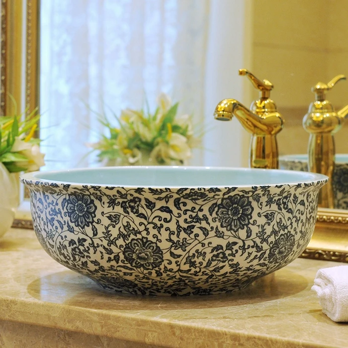 Porcelain China vessel sink Handmade Engraving Ceramic wash basin Lavobo Round Countertop bathroom sink  (2)