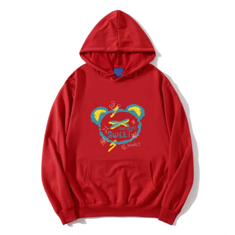 YRYT Women's Hoodies Blue Bear Print Drawstring Vintage Drop Shoulder Sweatshirt Thermal Long Sleeve Pullover Sweatshirt