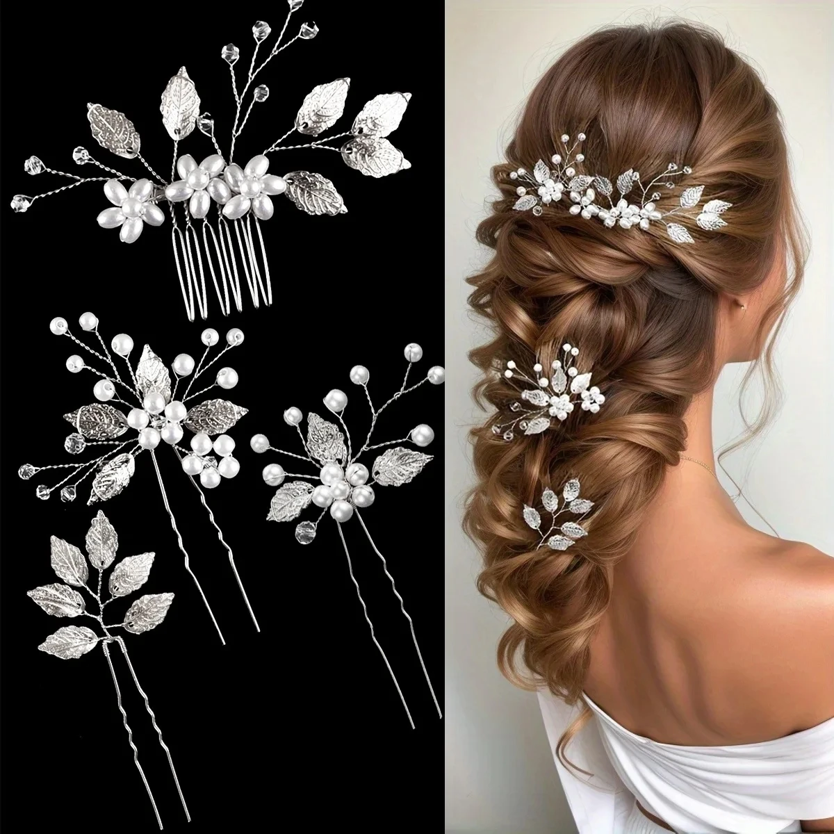 Hair accessory Pearl Flower Hairpin Side Comb Sets Wedding Hair Accessories Leaf Shaped Tiaras Bride Insert Hair Clip Jewelry Fashion Headwear