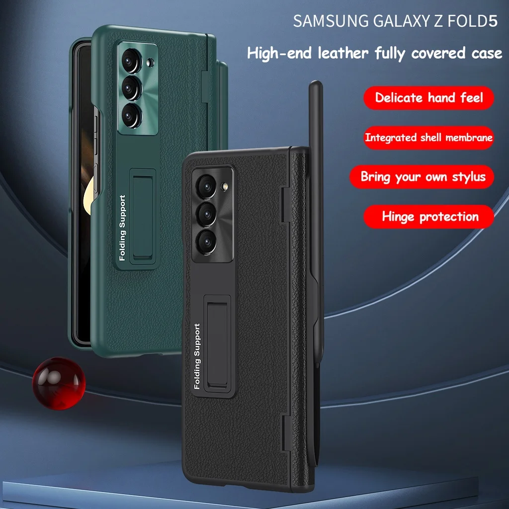 Magnetic Hinge Protection PU Leather Hard PC Phone Cover for Samsung Galaxy Z Fold 5 4 3 Case with S Pen Holder Screen Protector