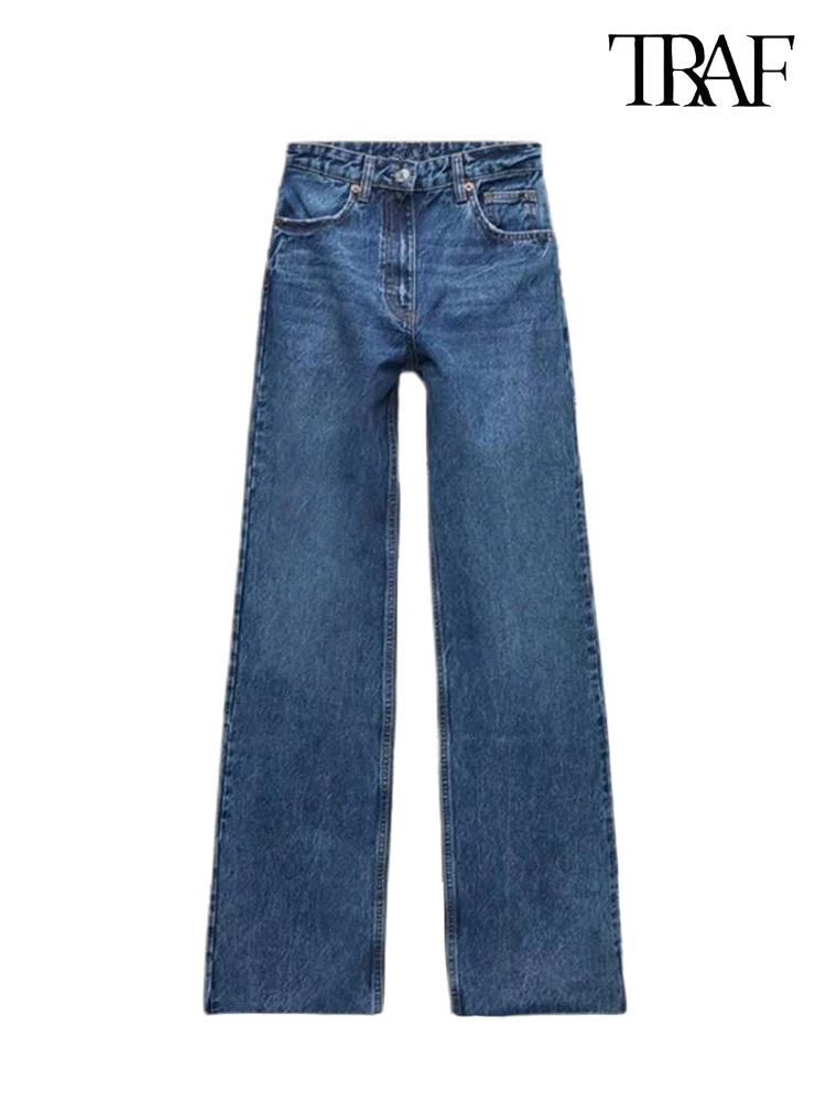 TRAFZA Women's Fashion Blue High Waist Loose Jeans Metal Zip Straight Trousers Streetwear Washed Effect Jeans Casual Commuter