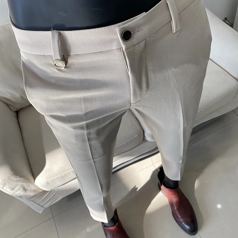 Men Suit Pant Autumn Solid Elastic Waist Dress Pants Cal&ccedil;a Masculina Men Slim Business Office Social Ankle Length Trousers stretch pants business pants suit pants men pants