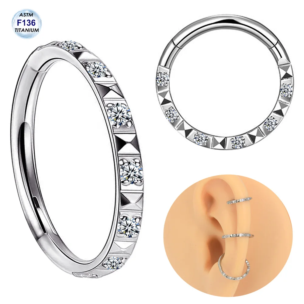 

1.2x8/10/12mm ASTM F136 Titanium Pyramid Bottom Side Zircon Hinged Clicker Nose Ring Daith Hoop Earrings Tragus Rook Piercing