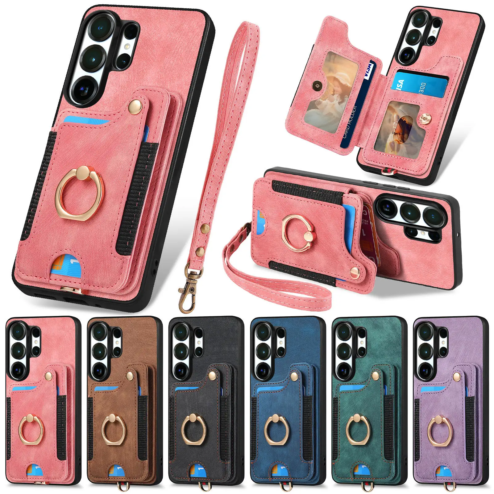 Ring Holder Cards Solt Leather Wallet Case For Samsung S25 Ultra S24 Plus S23 A16 A17 A07 Magnetic Kickstand Pocket Strap Cover