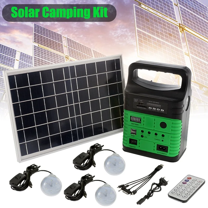 Solar Generator Outdoor Power Mini DC6W Solar Panel 6V-9Ah Battery Charging LED Lighting System 3 LED Bulbs + Remote Control