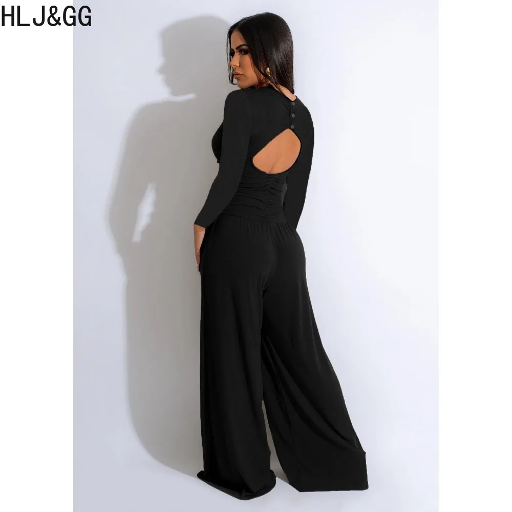 HLJ&GG Sexy V Neck Backless Ruched Jumpsuits Women Solid Color Long Sleeve Slim Playsuits Elegant Lady One Piece Overalls 2023