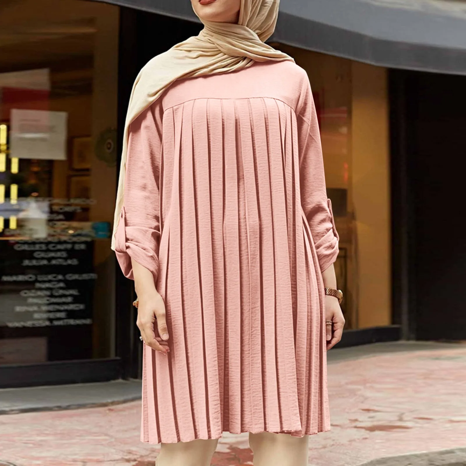 

Женское мусульманское платье с длинным рукавом, однотонные плиссированные повседневные Элегантные платья, наряды Дубая, нигерийский сарафан для женщин