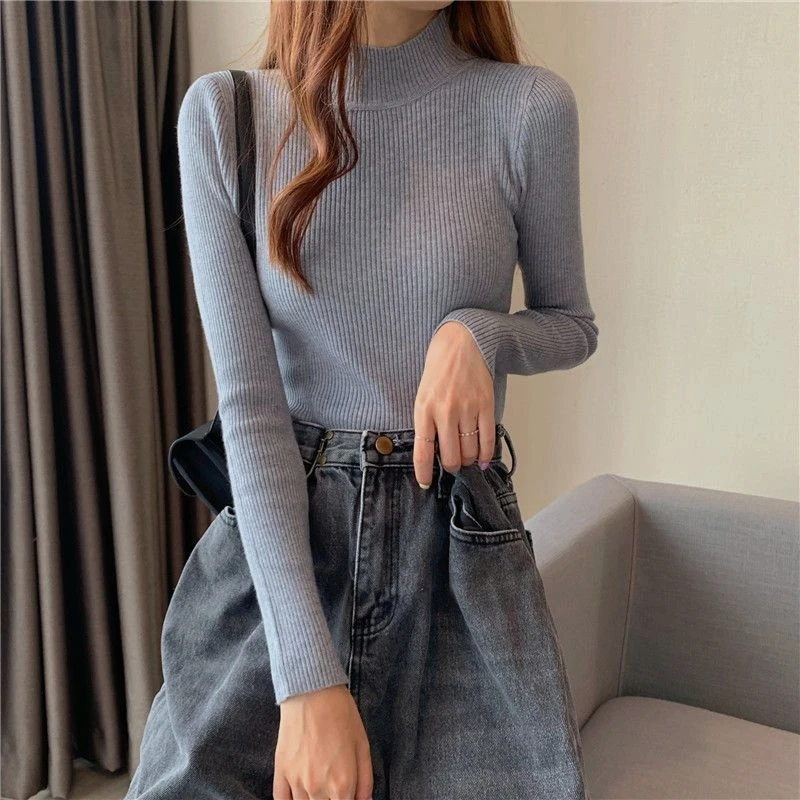 Autumn Mock Collar Long Sleeve Skinny Elastic Casual Tops Bottoming Sweater Women Basics Knitted Shirts Warm Knitwear Pullovers