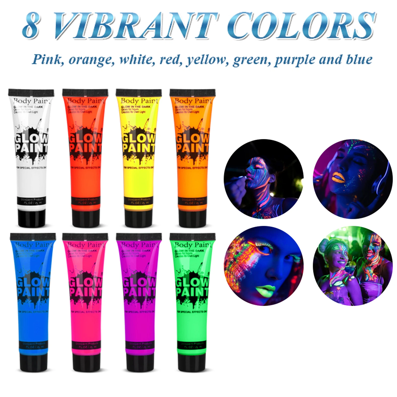 UV Neon Oil Face and Body Art Paint, 8 Tubes Glow in the Dark Body Paints Makeup, Neon Fluorescent Glow in Dark Party Cosmetics 2