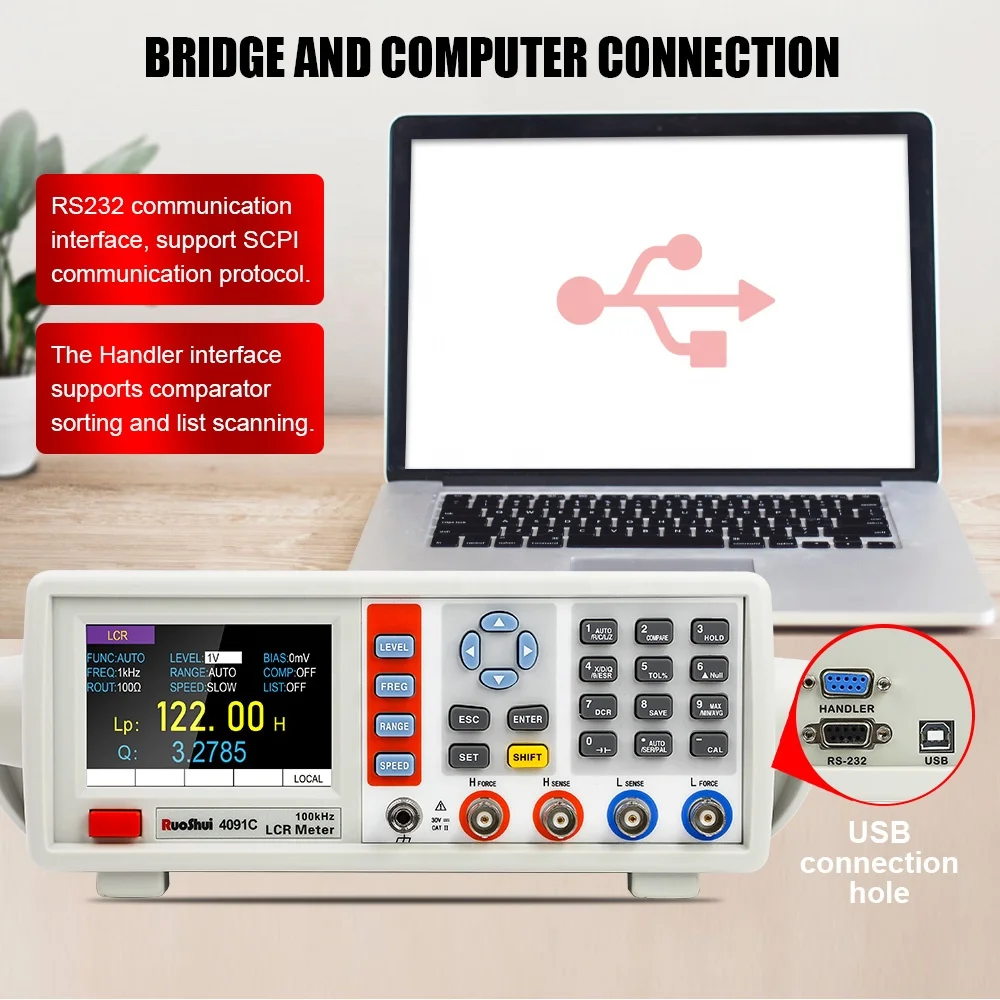 RUOSHUI 4091C Digital Bench Top LCR Meter 10Hz-100KHz Bandwidth Frequency Adjustable 10~2000 Mv Capacitor Tester Ultracapacitor 3