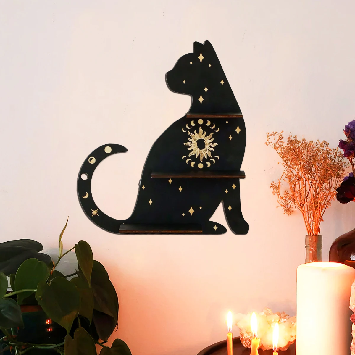 1PC, gold print embellished with black kitten-shaped wooden wall shelf, suitable for living room, bedroom, and party decoration