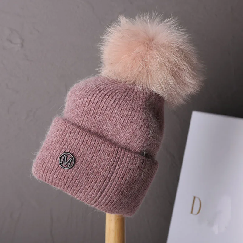 2023 Real Natural Fur Pom Poms for Hats Angora Rabbit Fur Winter Hat for Women Knit Beanies Designer Hat Female Warm Soft Cap 2