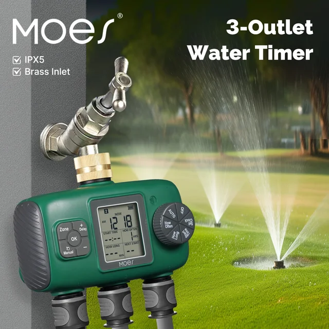 MOES 3-Outlet Smart Water Timer Brass Inlet IPX5Waterproof  Knob Button Automatic Irrigation LCD Display Screen Garden Sprinkler 1