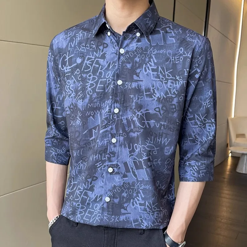 

Summer 5XL-M Men's Letter Printed Shirts Party Club Half-sleeved Social Shirt for Men Plus Szie Buttons Up Thin Blouse Homme