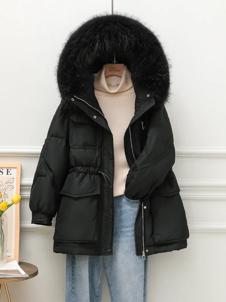 2023 Real Raccoon Fur Collar New Winter Women Pocket 90% White Duck Down Jacket Female Thick Warm Parka Loose Outerwear