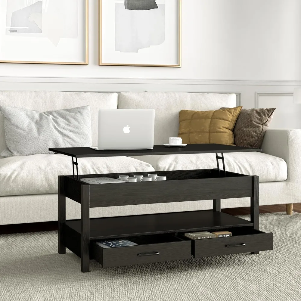 Coffee Table,Lift Top Coffee Table with Hidden Compartment,2 Drawers and 1 Open Shelf, Retro Central Wooden Table Lift Tabletop 5