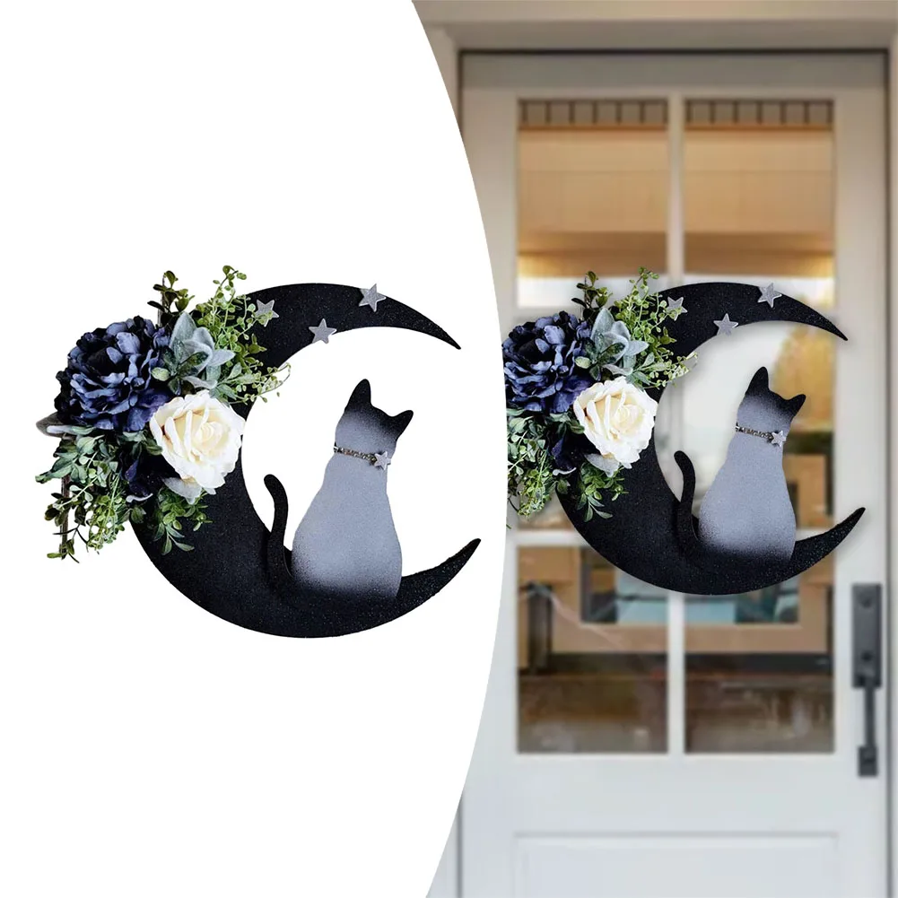 

Moon Shaped Door Wreaths Stars Cat Garland Decoration Plants Crescent Moon Front Door Ornament Home Decoration