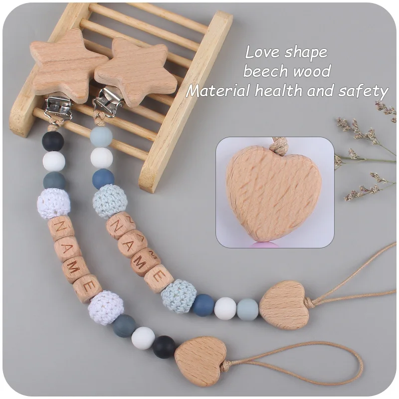 Pacifier Chain Baby Pacifier Clip Personalized Name Stars Love Wood Safe Teethers Soother Chew Teething Toys