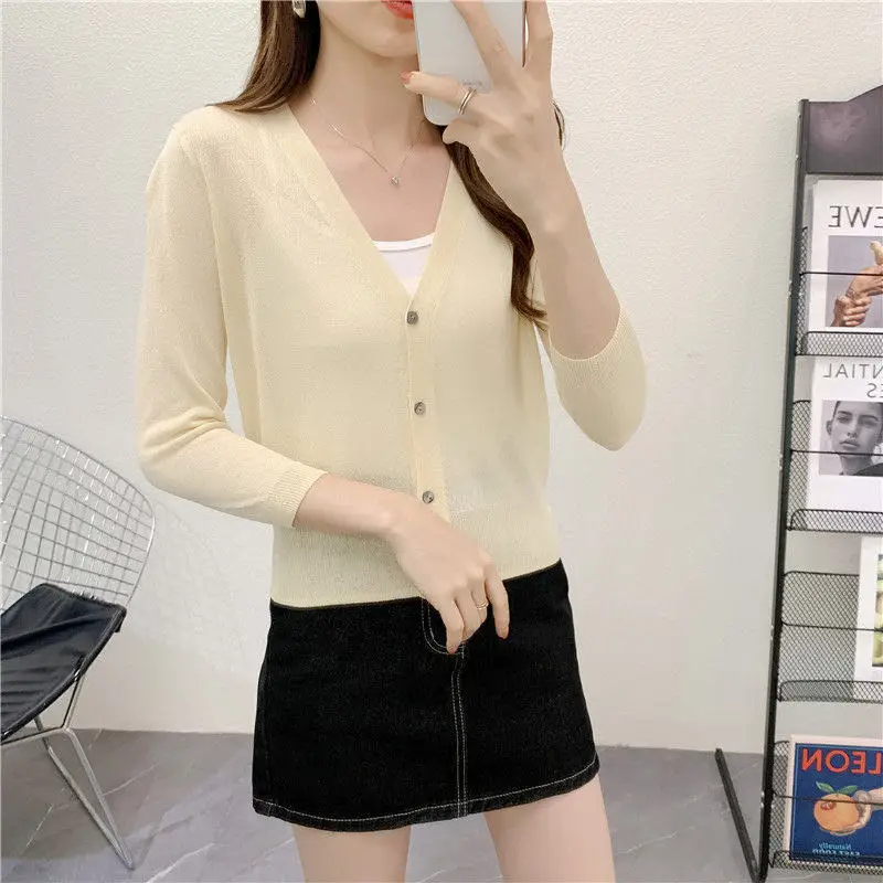 Spring/Summer Ice Linen Knitted Split Sleeve Cardigan Women's Versatile Office Air Conditioning Shirt Fashion Sunscreen Top