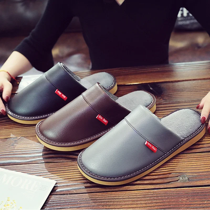 Cotton Slippers Women  Big Sizes PU Leather Home Men Indoor House for Men's Slippers Women Man Slipper Luxury Warmer Flat Shoes