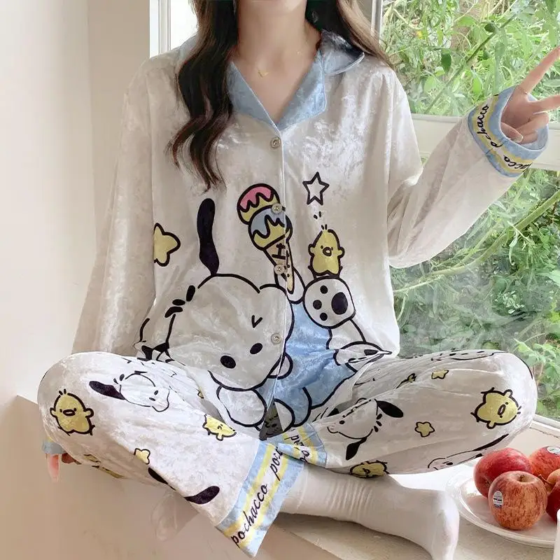 

Кавайная Пижама Sanrio из мультфильма Pachacco с длинными рукавами, золотистый бархат, милый мультяшный милый домашний пижам, можно носить снаружи