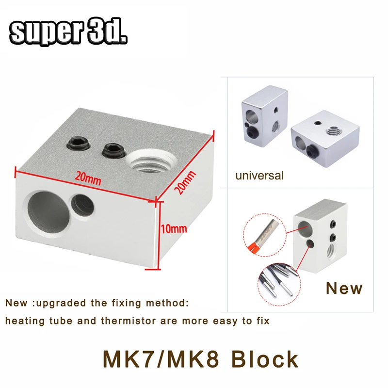 1 pcs Bloco de Calor 3D E3D V5 V6 MK7 MK8 MK2 MK10 Vulcão PT100 CR10 2 EM 1 OUT Alumínio/Latão Para Hotend Impressora 3D Peças