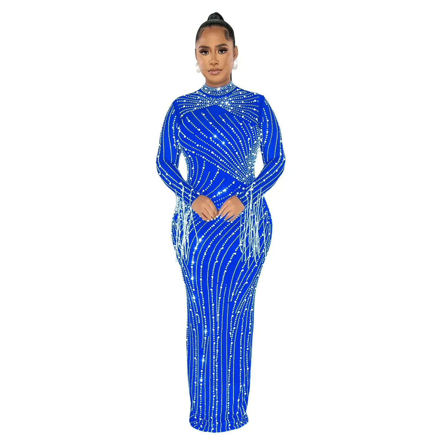 

Gauze See-through Long Sleeve Dress with Drill Lining Two-piece Set Night Club Outfits Party Temperament Floor-length Dress