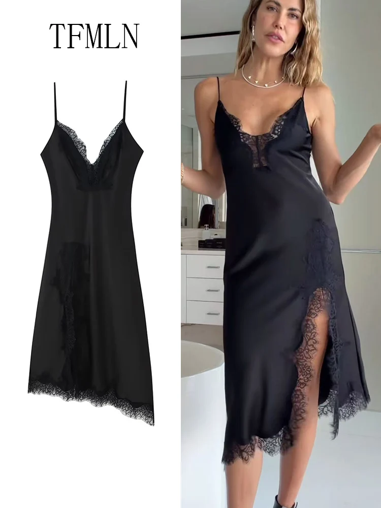 Elegant Asymmetry Patchwork Lace Dress For Women Sexy Sleeveless Slim Chic Causal Underwear 2025 Fashion V-neck Date Night Dress