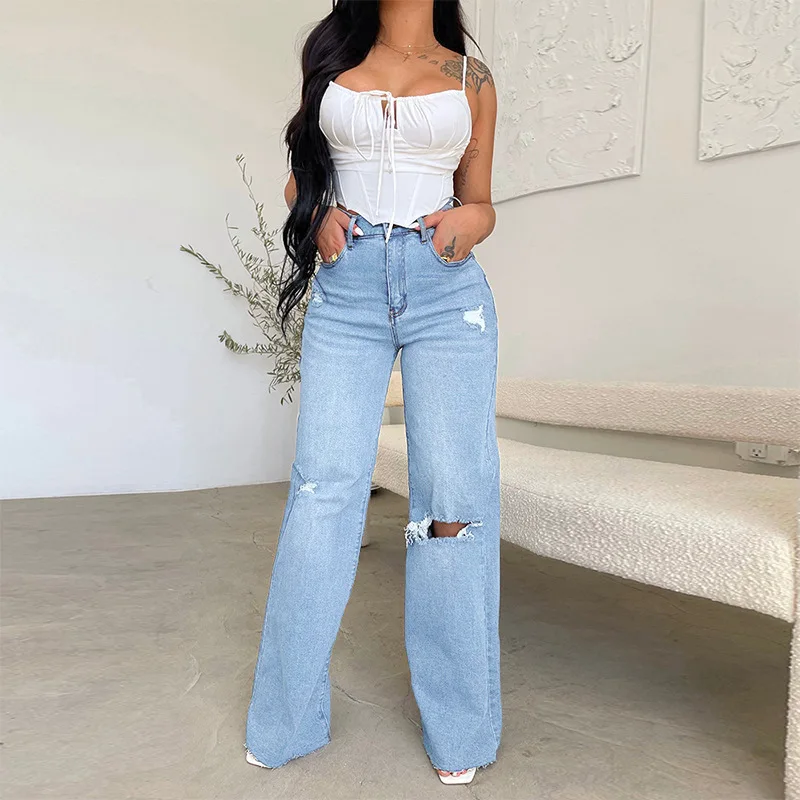 Women Jeans Wide Leg Pants Denim High Waist Zipper Fly Washing Holes Pockets High Street Ankle Length Flash Spring 2024 4