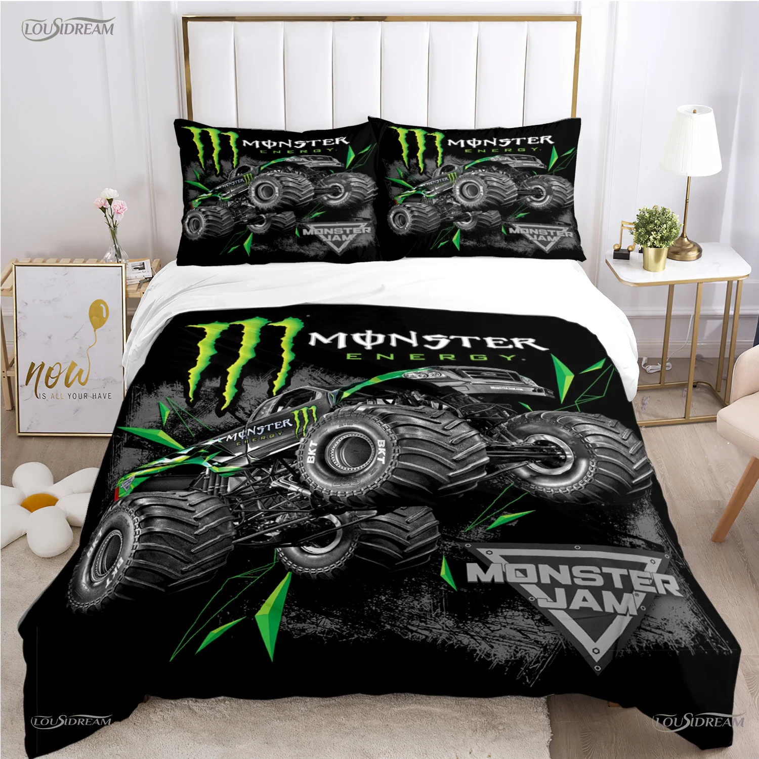 Monster Truck Copripiumino Catroon Monster Jam Set Di Biancheria Da Letto Copripiumino Morbido E Federe Per Adolescenti Single/Double/Queen/King