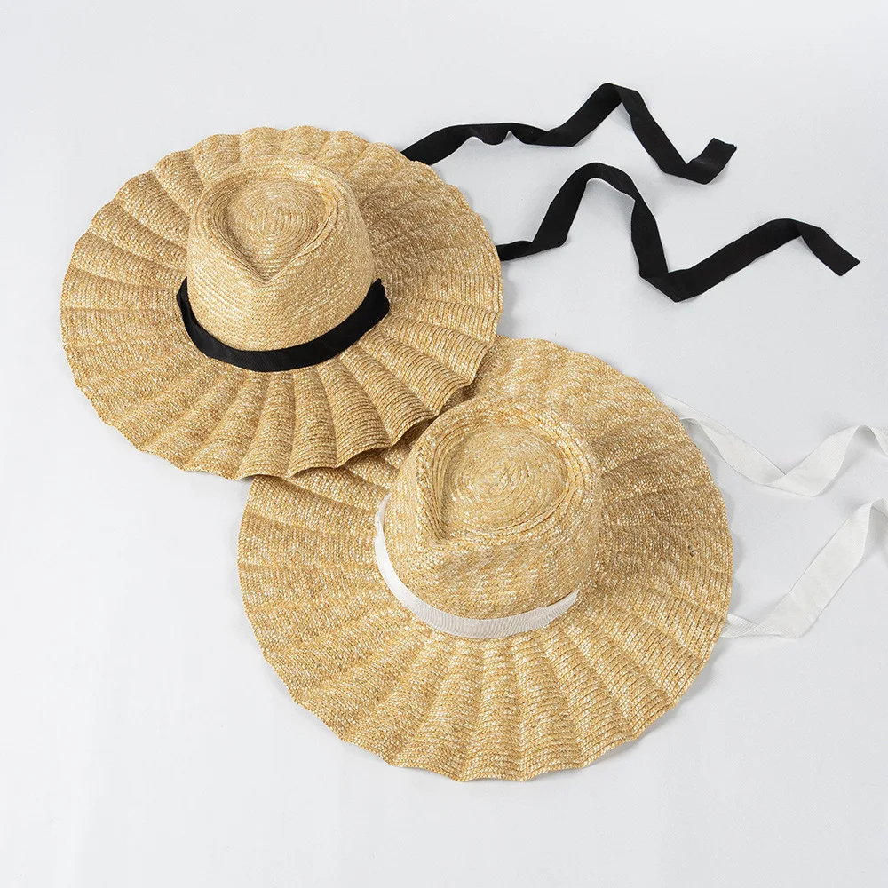 USPOP New Spring Summer Sun Hats Fashion Casual Scalloped Brim Straw Jazz Hat With Straps For Outdoor Beach Sun Protection_voghion.com