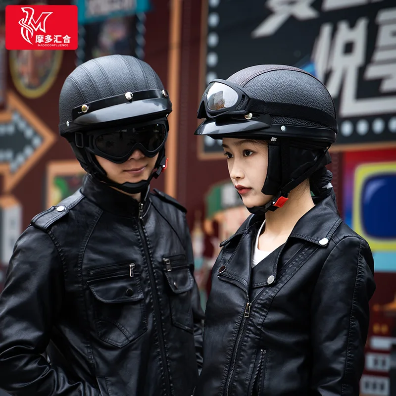 Electric Car for Harley PU Leather Retro Helmet with Goggles Scarf Men and Women Riding Sunshade Safety Protection Half Helmet