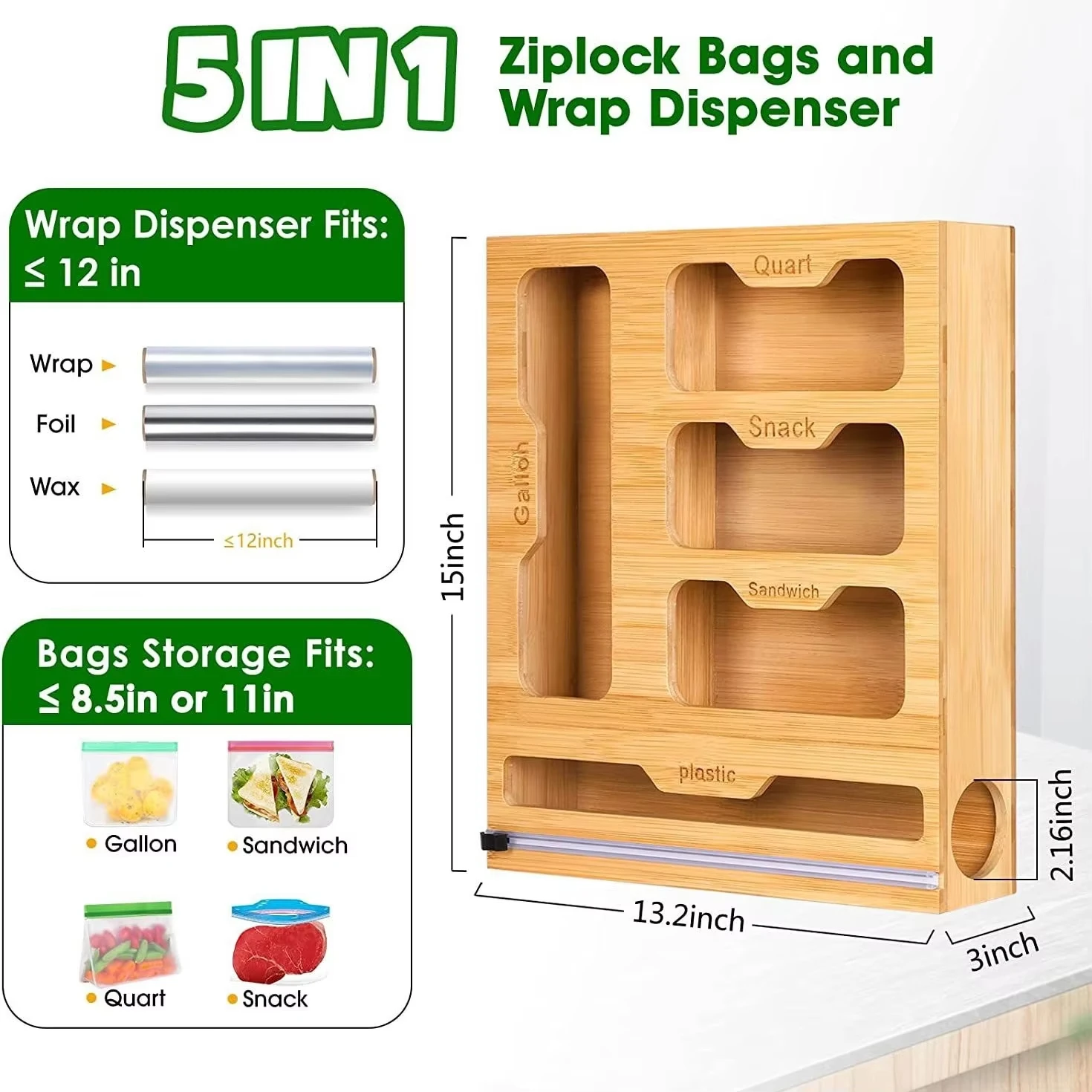 Bamboo Ziplock Food Bag Holder Compatible Wall Storage Racks Kitchen Storage Shelf Plastic Wrap Organizer Dispenser With Cutter 2