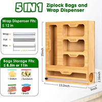 Bamboo Ziplock Food Bag Holder Compatible Wall Storage Racks Kitchen Storage Shelf Plastic Wrap Organizer Dispenser With Cutter 2