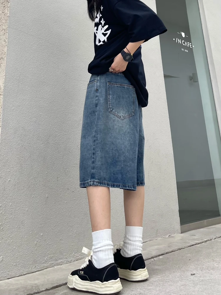QWEEK 여성용 헐렁한 Jorts 빈티지 와이드 레그 5 포인트 청바지, 미국 스트리트웨어, 캐주얼 워싱 오버사이즈 여름 데님 반바지, Y2K