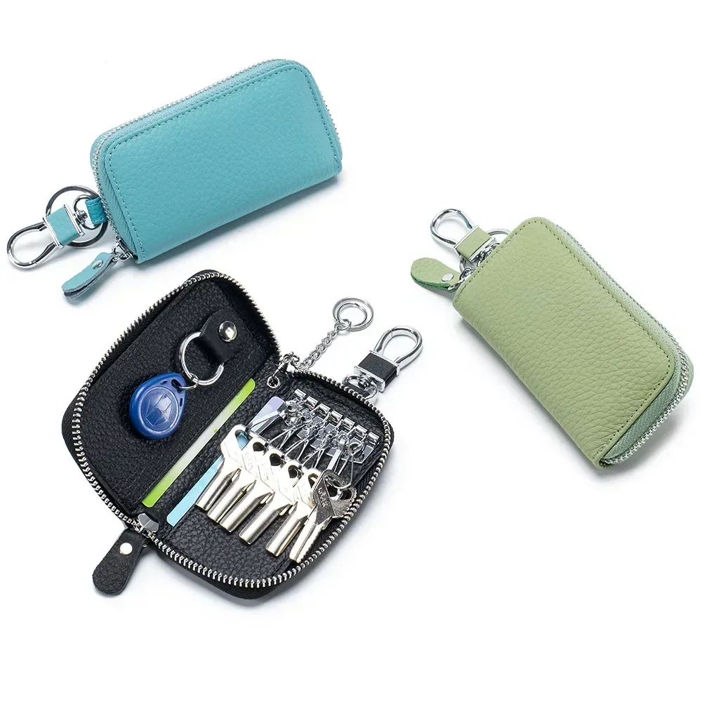 Fashion Simple Key Holder Genuine Leather Wallet Unisex Solid Color Key Wallet Organizer Bag Car Housekeeper Card Holder