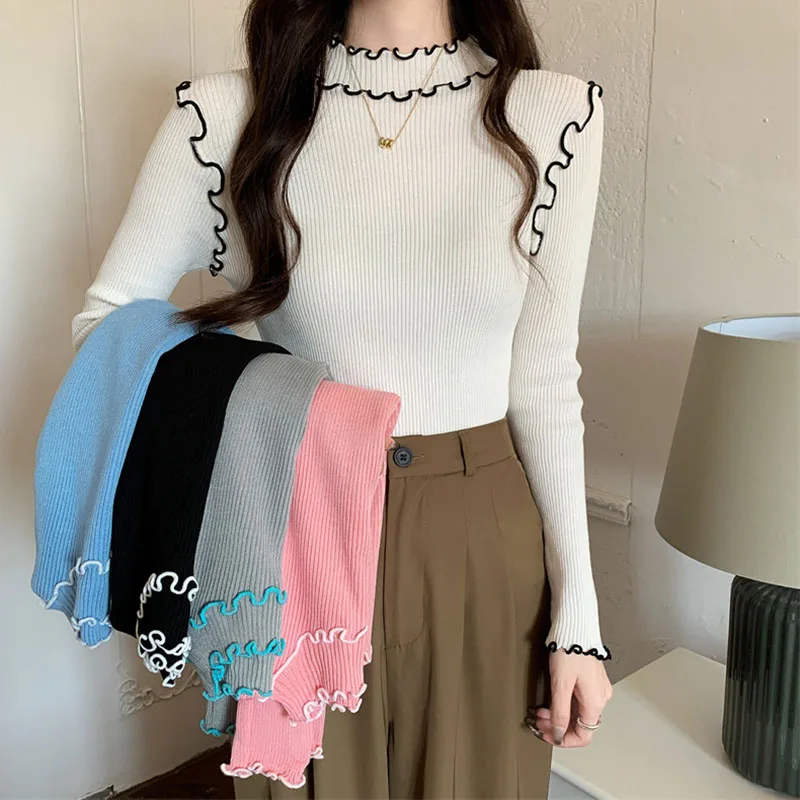 

Autumn Winter Slim Fit Knitted Women Sweaters Korean Chic Ruffles Long Sleeve Knitwear All-Match Stretch Knit Pullovers