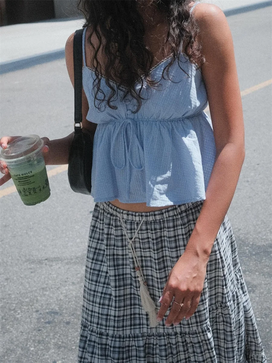 Ladies Checkered Pattern Sleeveless Crop Top with Spaghetti Straps V-Neckline and Front Tie Detail Exposing Midriff